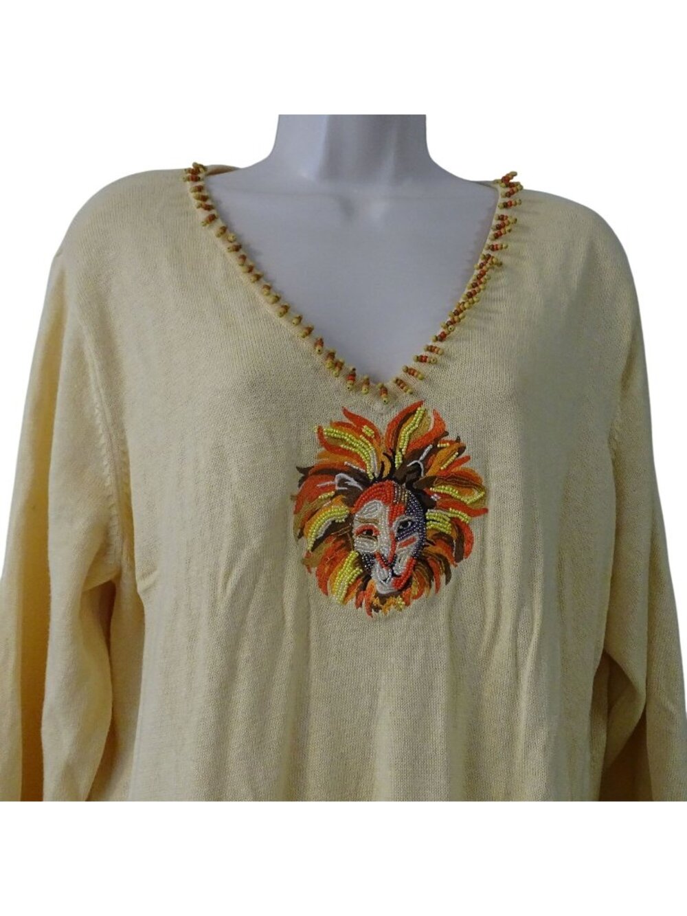 Vtg Storybook Knits Women Yellow Beaded Lion Tunic Knit Sweater Size 1X Long Slv